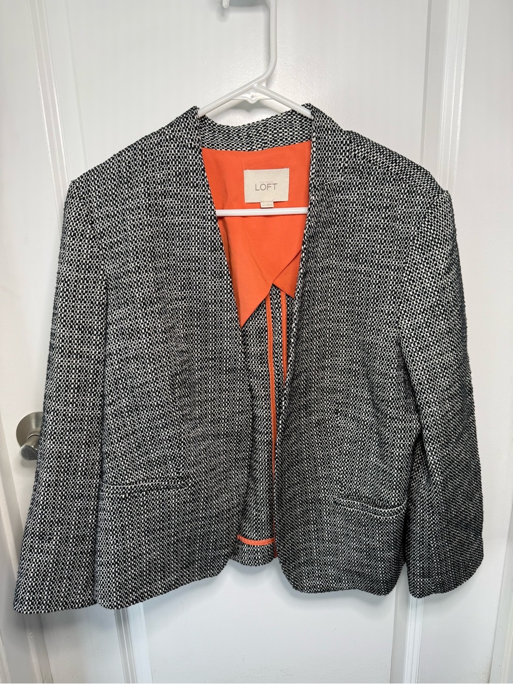 LOFT Black & White Tweed Open Blazer with Orange Lining